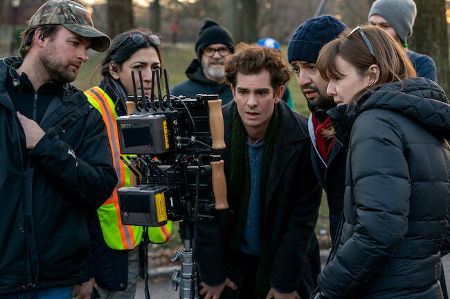 Andrew Garfield and crew looking at monitor